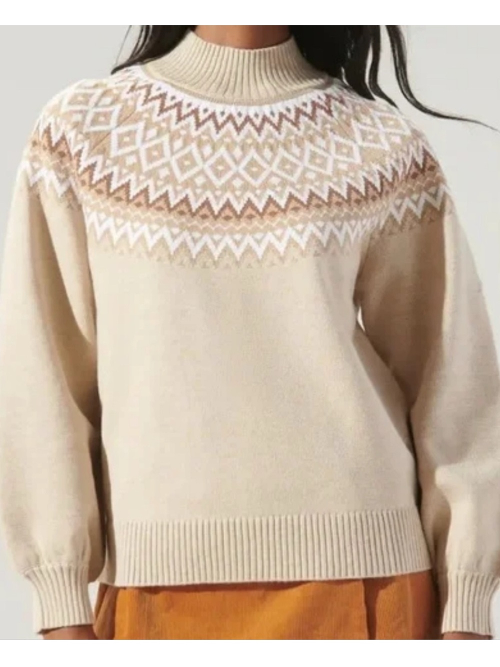 Sugarlips Cream Fair Isle Sweater Nordic Print Cozy Knit Small Beige Ski